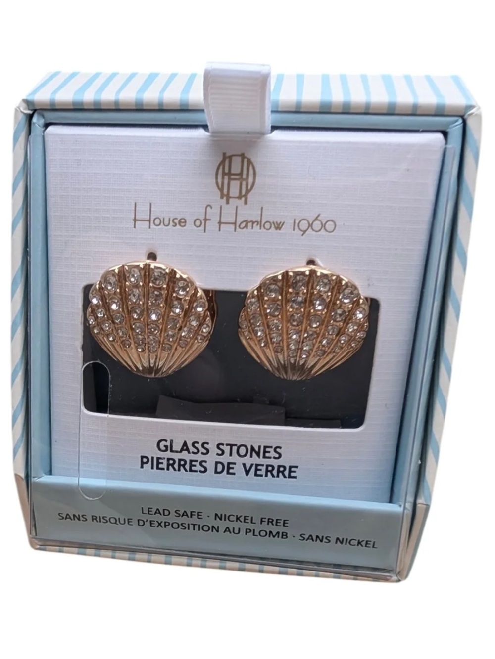 NWT House of Harlow 1960 Gold Shell Crystal Stud Earrings Glass Stones